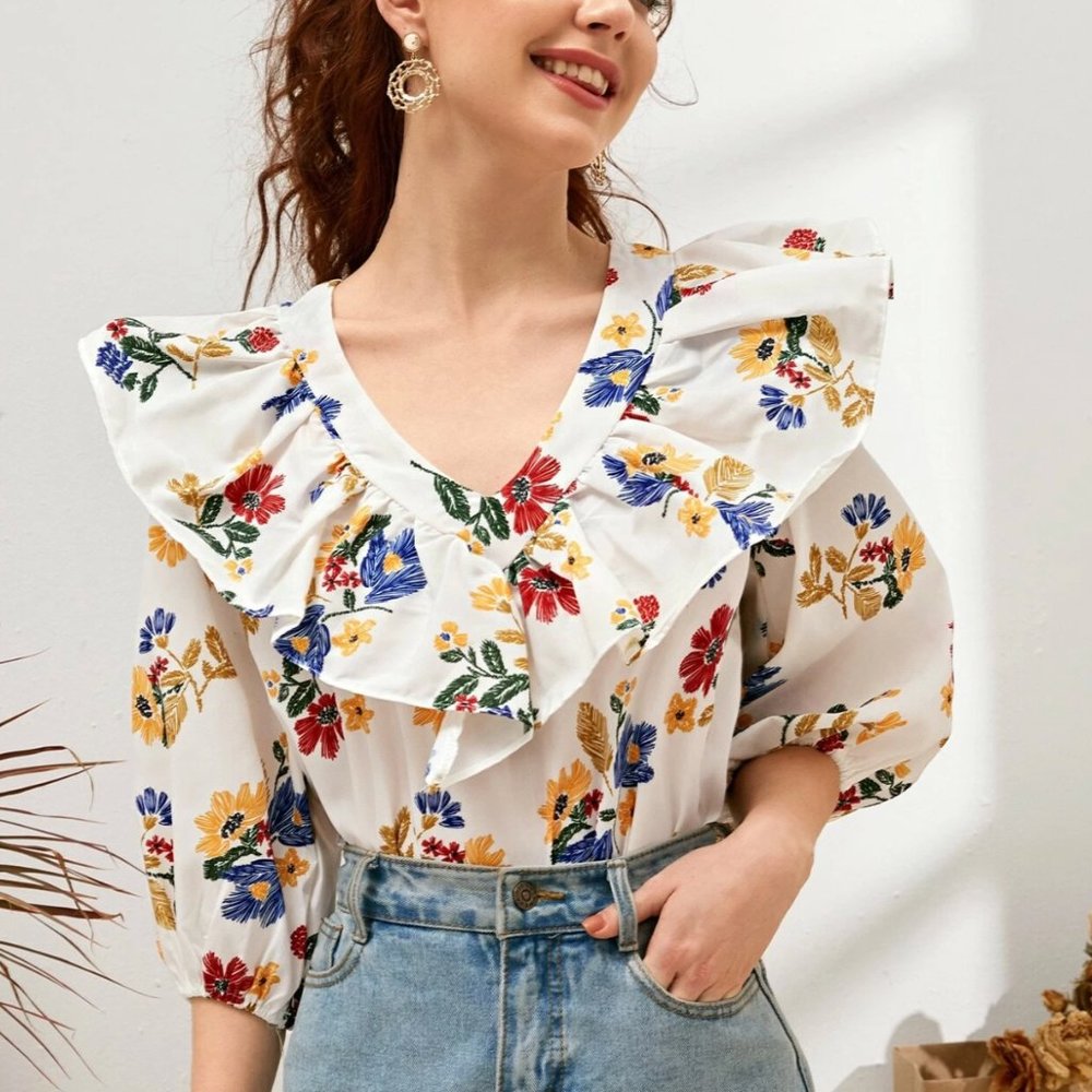 Floral Print Exaggerated Ruffle Blouse, XS